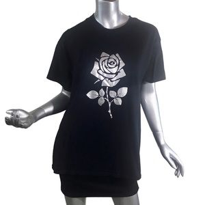 Large Crew Neck Black T Shirt Adult Silver Rose Graphic Tee